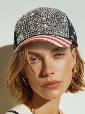D&Y Crystal-Studded USA Flag Baseball Cap - Blue, Red, White, Silver